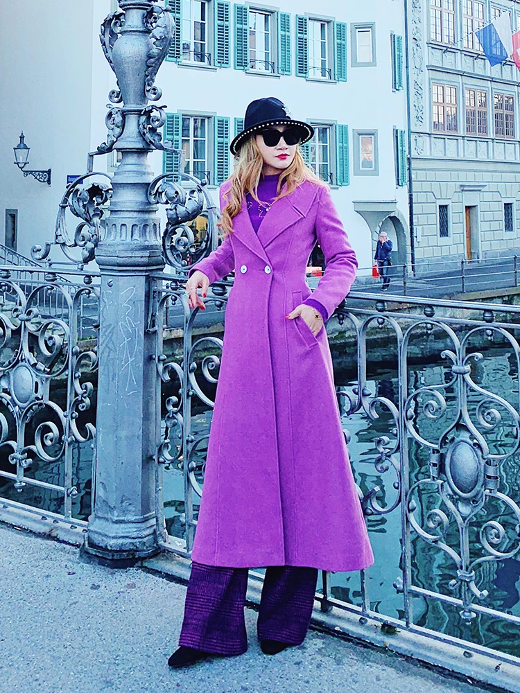 

Long over the knee purple coat autumn and winter 2018 new thick woolen coat cashmere long sleeves ladies jacket