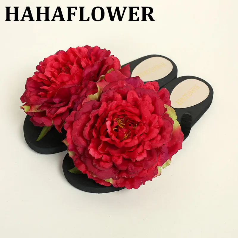 HAHAFLOWER/летние женские пляжные красные шлепанцы с большим цветком; модные сандалии на плоской подошве; Вьетнамки; женская обувь;