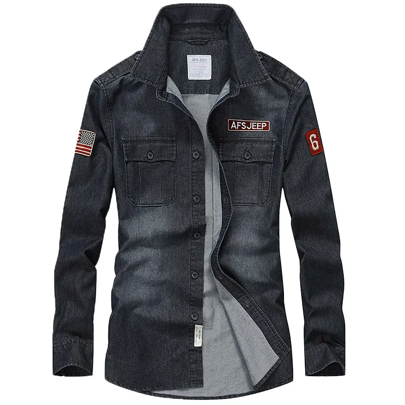 

Nian Jeep 2018 Spring Jeans Shirt Men Camisa Long Sleeve Cotton Breathable Denim Shirt Men Epaulet Military Shirts Men Casual