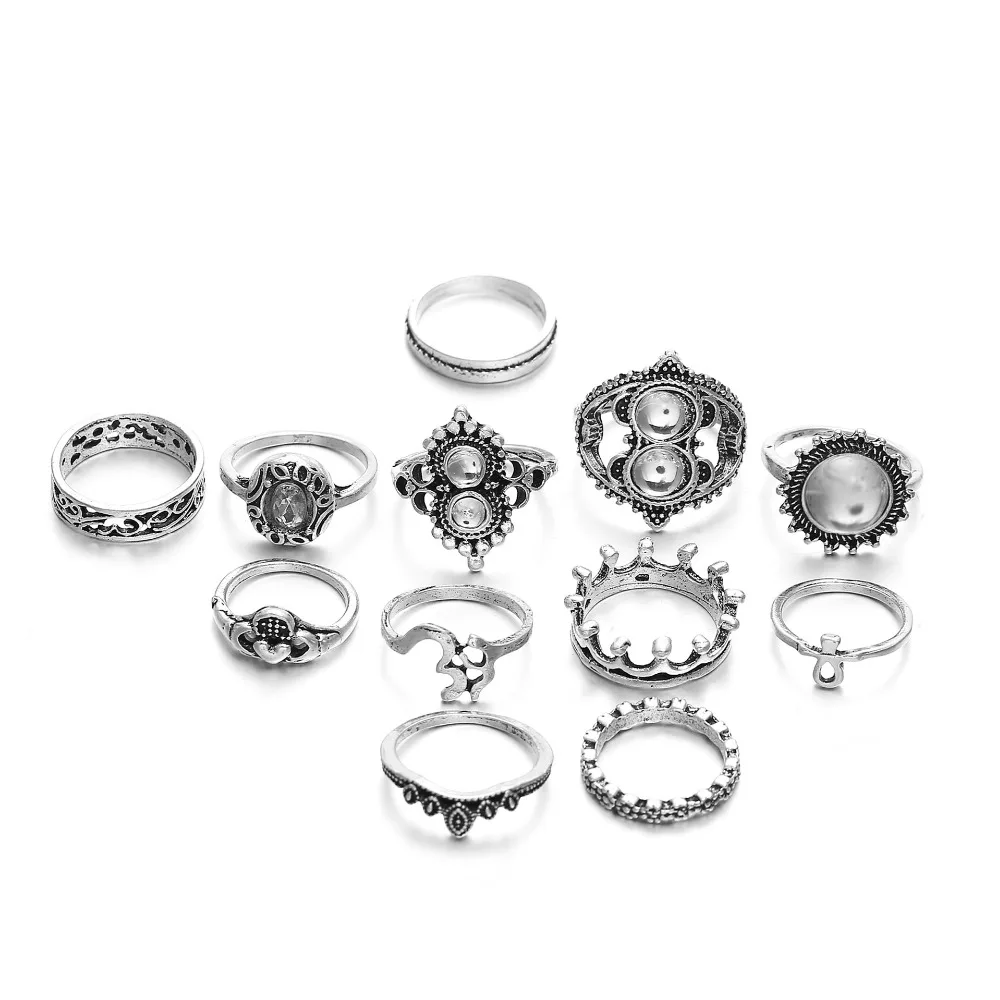 144 шт./лот Цветок Корона Крест Сердце кольца Для женщин Кристалл антикварной серебряного цвета со стразами миди сустав ювелирные изделия на