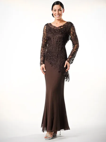 Plus Size Lace Mother Of The Bride Dresses 2018 Scoop Neck Sequined Evening Gowns Ankle Length Long Sleeve Wedding Guest Dress Two Pieces