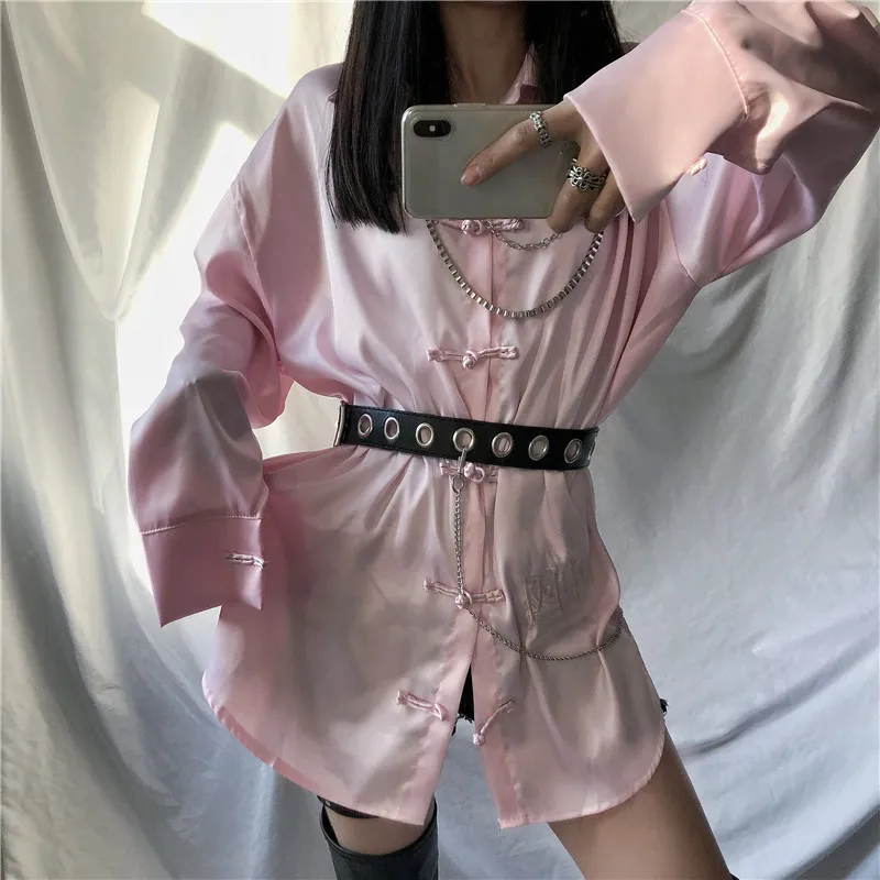 

Vintage Turndown Collar Cheongsam Button Embroidery China Letter Loose Long Satin Silk Blouse Harajuku Kimono Shirt Streetwear