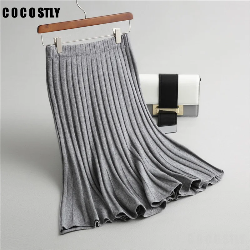 

winter skirt women solid color elegant a-line vertical pleated wool blends skirt ladies slim waist match all sweater skirts