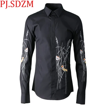 

2018 New Original Flowers and Birds Embroidery National Style Asymmetric Fashion Men's Shirts Spring and Summer Chinese Style
