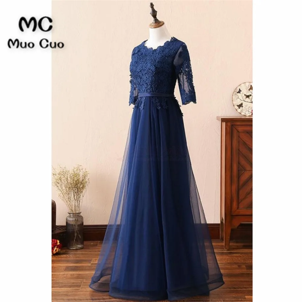 A Line Navy Blue Floor Length Prom Dresses with Applique4