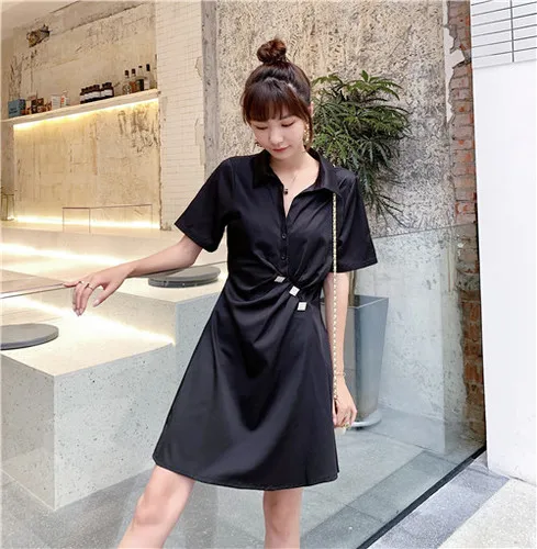 

Women Shirt Dress Summer 2019 Korean Style Fashion Buttons Turn Down Collar Short Sleeve Slim High Waist A Line Black Dress D244