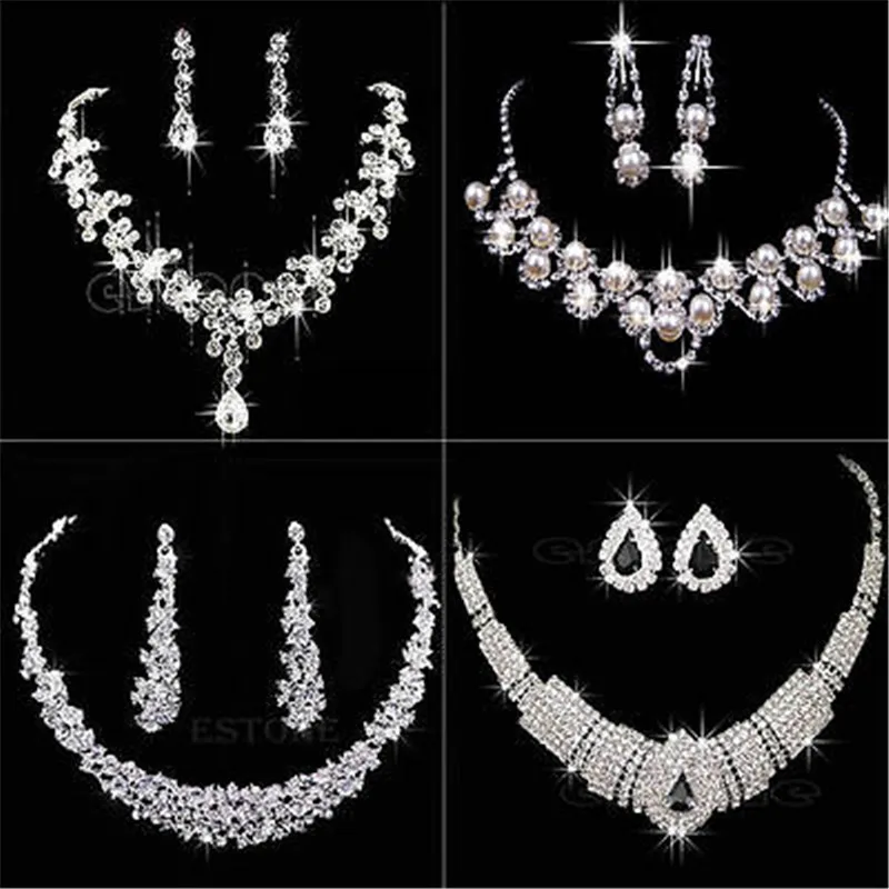 Silver Tone Crystal Fashion Prom Women's Wedding Bridal Jewelry Crystal Rhinestone Necklace Earring Sets Gift