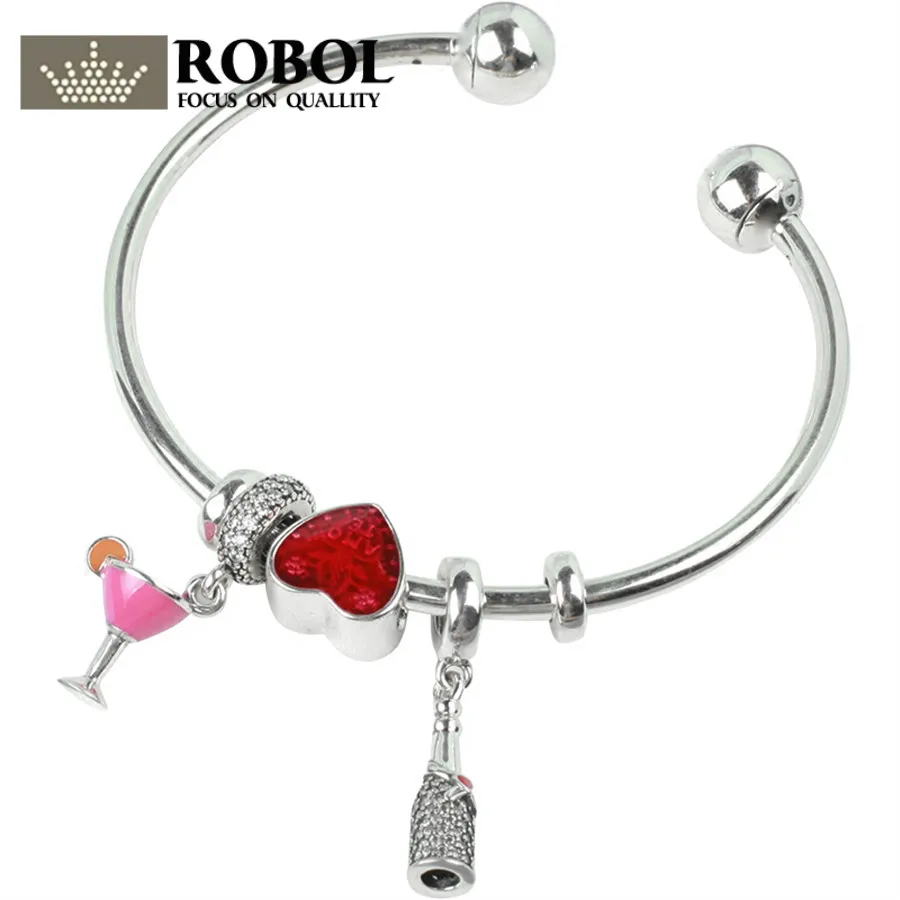 ROBOL 100% 925 Sterling Silver Brand New 1:1 Authentic Wine Red Love Charm Hand Ladies Fashion Heart Love Opening Bracelet Set