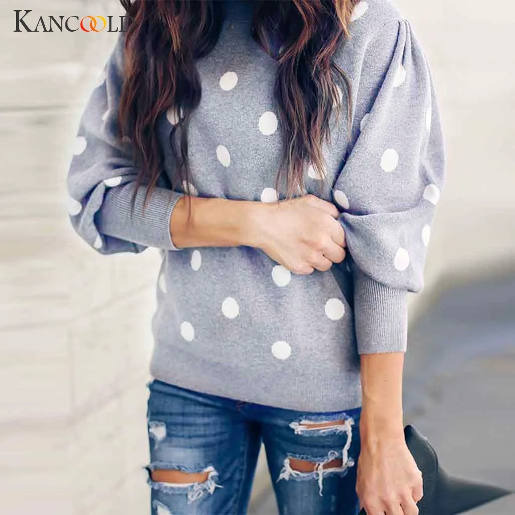 

KANCOOLD sweater Women's Dot Printing O-Neck Long-Sleeved Slim Sweater Pullover Casual fashion new sweater women 2019jul9