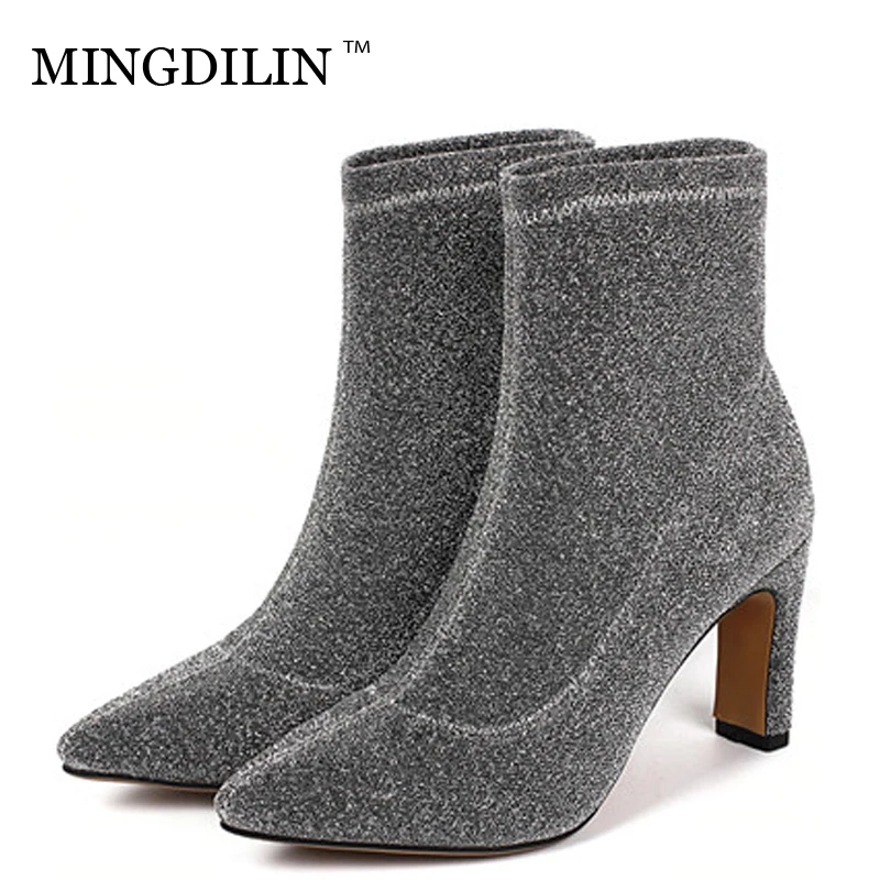 

MINGDILIN Women's Martin Boots Bling Autumn Winter Woman Gothic Bridal Shoes High Heels Silver Black Ankle Boots Plus Size 2018