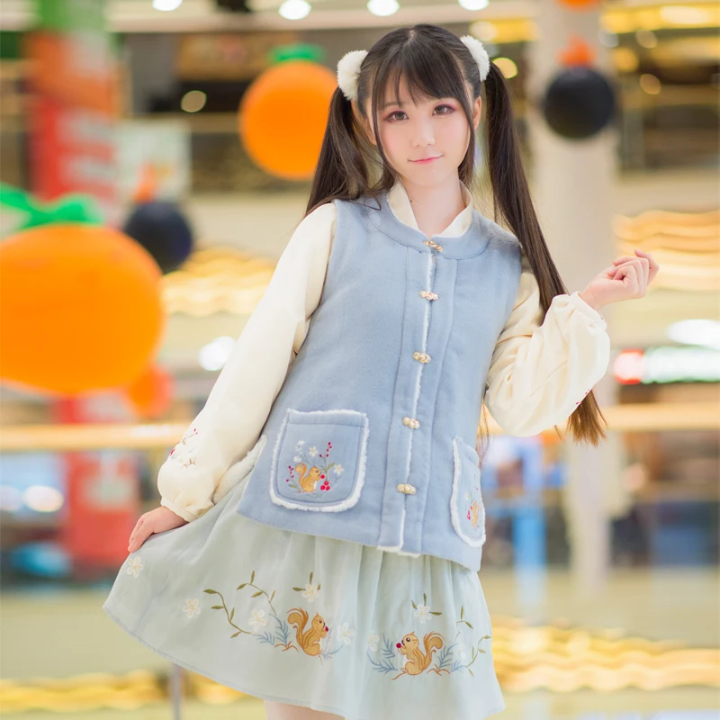

Squirrel Fun Cute Women's Winter Chinese Style Hanfu Vintage 3PCS Set: Cashmere Lining Vest + Long Sleeve Shirt + Skirt Warm