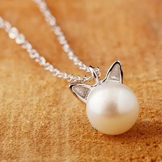 

Fashion Silver Plated cat ear Necklaces Pearl Cat Pendant Necklace small animal cat lovers Jewelry Collar Colar