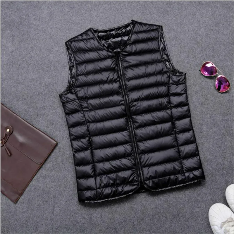 men women White Duck Down Vest Winter 90% velvet round collar no collar ...