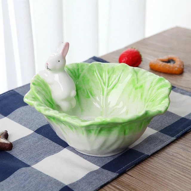 Ceramic Rabbits Bowl Cabbage style Dishes Rabbits Plate Fruit Salad