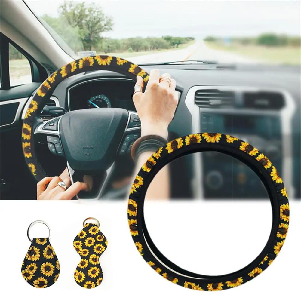 

3PCS/Set Universal Sunflower Car Steering Wheel Cover Non Slip Cover With 2 Key Chains Car Interior Accessories