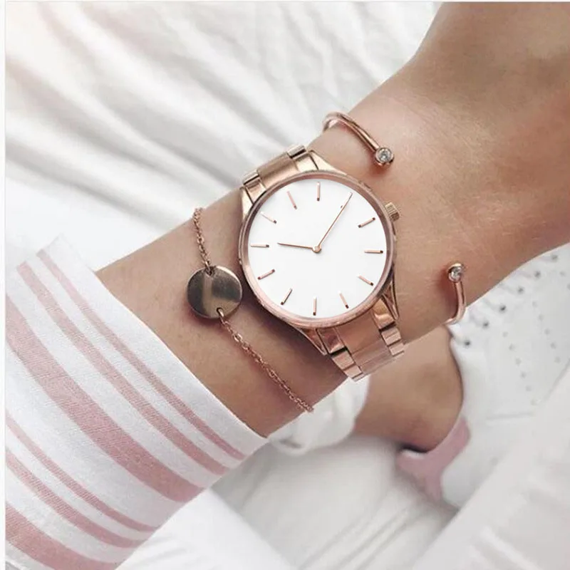 Mavis заяц красота 34 мм Hermosa розовое золото женские часы с белым циферблатом Stianless сталь наручные часы для Рождественский подарок - Окраска металла: Set 1