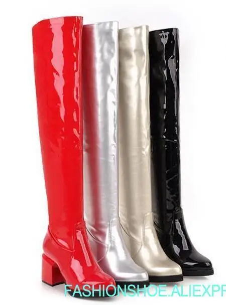 

woman fashion Show high boots catwalk low heel boots mirror lacquered leather over the knee boots chunky low heel boots size 44