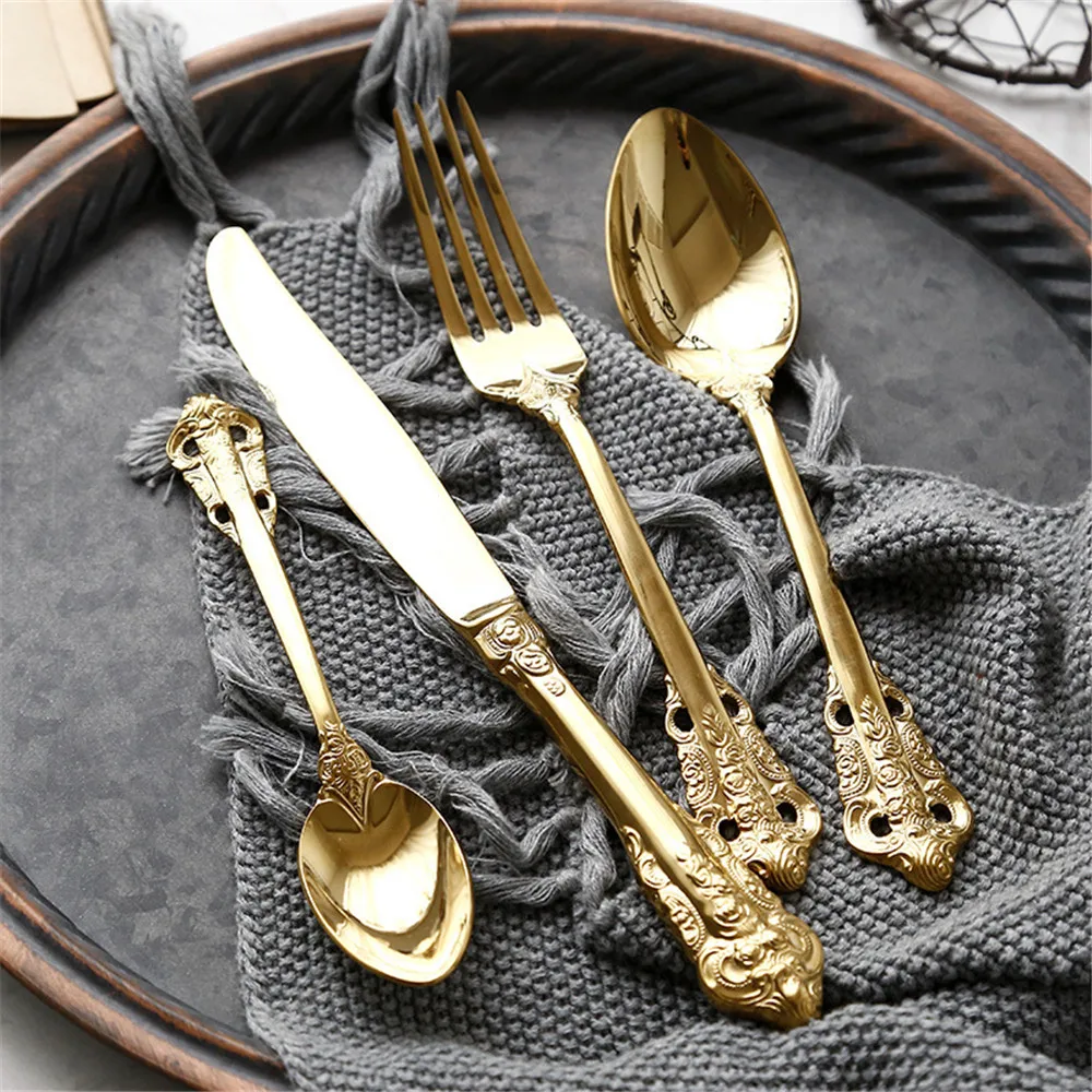 

Retro Vintage 304 Stainless Steel Relief Tableware Set Knives Forks Teaspoon Golden Silver Luxury Dinnerware Cutlery Set 1pcs