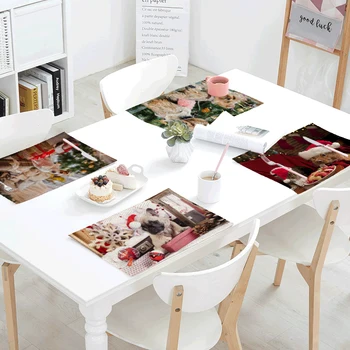 

Celebrate New Year Napkin 42*32cm Cute Pug Dog Bulldog Pomeranian with Christmas HatPrinted Tablecloth Family Table Decoration