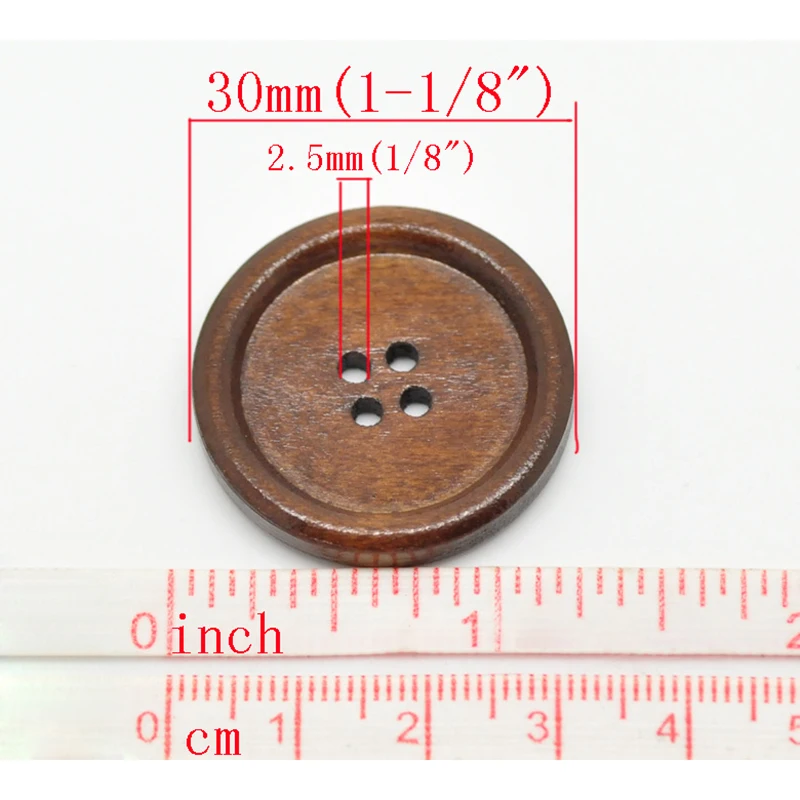 Деревянные швейные кнопки для скрапбукинга 4 круглые отверстия черного натурального цвета, 3 см(1 1/") Диаметр, 30 шт