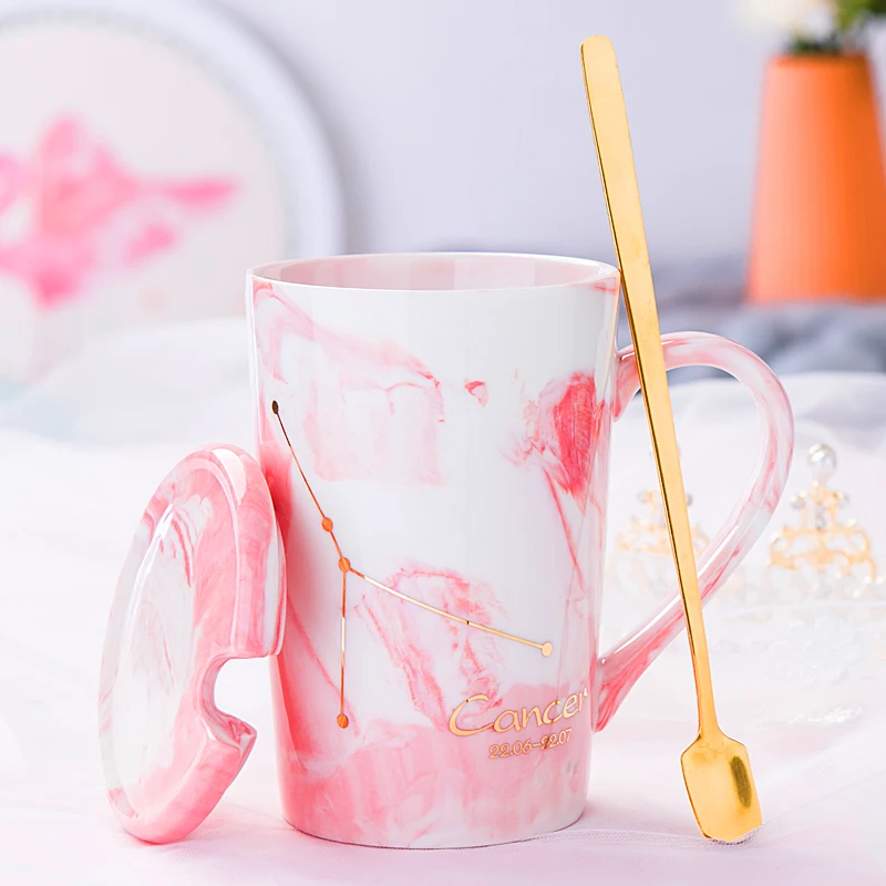 Скандинавский 420 мл керамическая для кофе и молока чашка популярная Созвездие Тема Счастливый чашка с крышкой и ложкой День рождения Свадьба подарок для друзей - Цвет: Cancer A