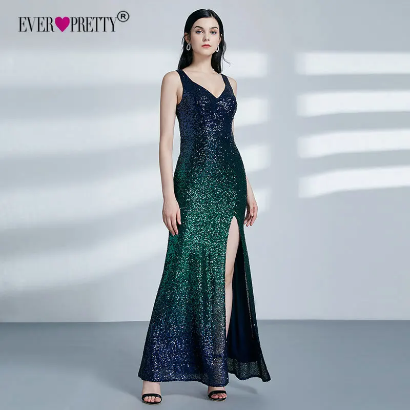 Ever Pretty Robe De Soiree Новые Сексуальные вечерние платья трапециевидной формы с v-образным вырезом на спине с блестками Длинные вечерние платья с высоким разрезом EP07345NB