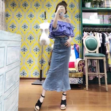 Новинка, тянущиеся Длинные Макси джинсовые юбки из денима для женщин, большие размеры, XS-XL, юбки в стиле русалки на весну и лето