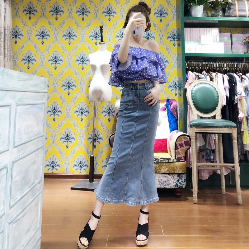 Gratis Verzending 2018 Nieuwe Stretch Lange Maxi Denim Jeans Rokken voor Vrouwen Plus Size XS-XL Mermaid Stijl Rokken Lente En zomer Gratis Verzending 2018 Nieuwe Stretch Lange Maxi Denim Jeans Rokken voor Vrouwen Plus Size XS-XL Mermaid Stijl Rokken Lente En zomer