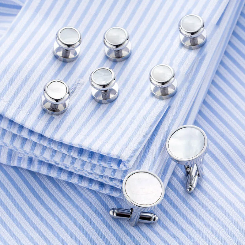

Pearl Shell Cufflinks for Mens Tuxedo Shirt Silver Plated Cuff Links Buttons Collar Studs Set Wedding Man Brand Jewelry Z729