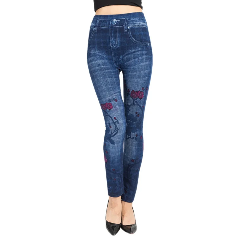 Women's Sexy Floral Jeans Jeggings High Waist Stretch Denim Print Leggings with Pocket