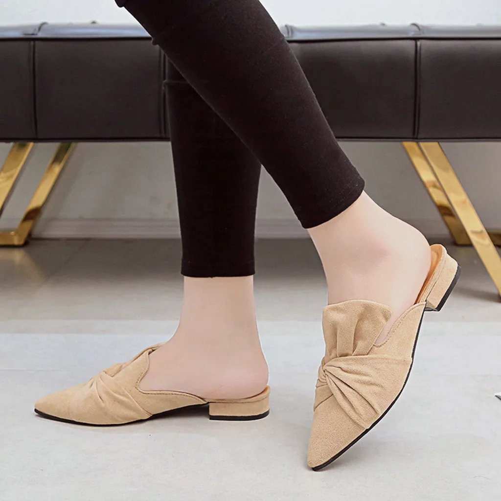 Women Slippers Flock Bowtie Female Mules Fashion Low Heels Shoes Pointed Toe Ladies Plus Size Elegant Woman Slipper#3