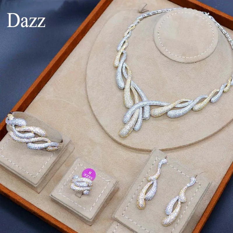 

Dazz Luxury Nigerian Wedding Jewelry Sets Water Drops Twisted Fine Design 2 Color Zircon Women Bridal Party Ring Bangle Ornament