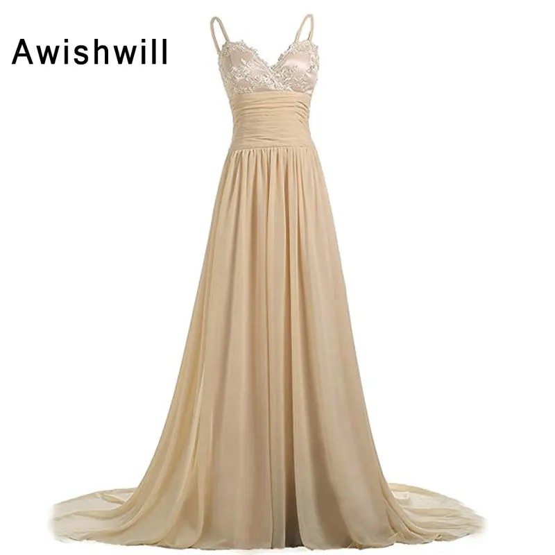 

Simple Design Spaghetti Strap Chiffon Corset Back Champagne Long Dress for Party Abendkleider Evening Dresses Mother of Bride