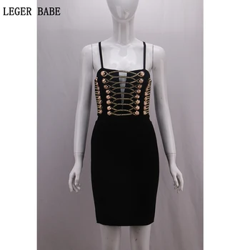 

Golden Button Embellishment Spaghetti Strappy Party Dresses Wear Women 2019 Summer Going Out Night Outfits Mini Bandage Dress