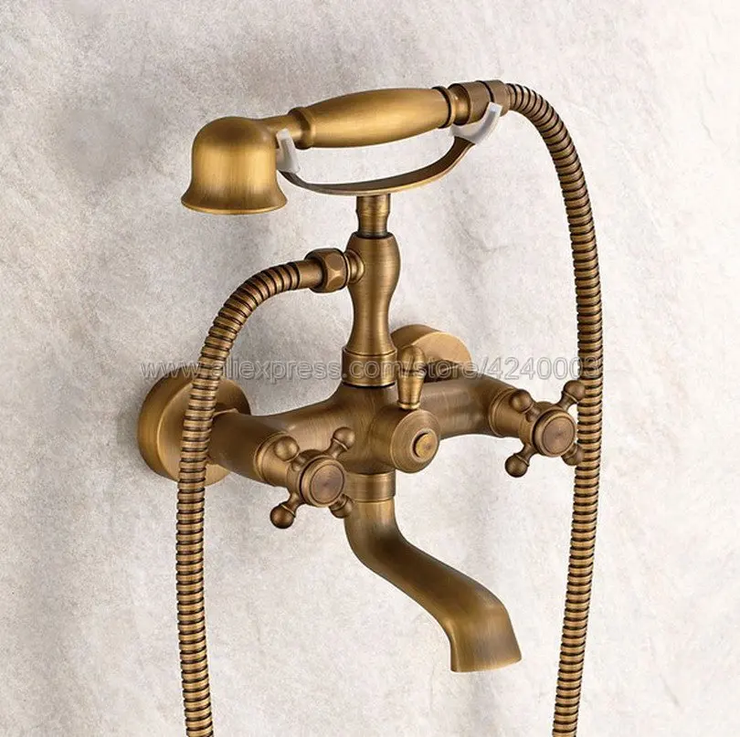 

Antique Brass Bathtub Faucet Wall Mount Handheld Bath Tub Mixer System with Handshower Telephone Style Ktf009