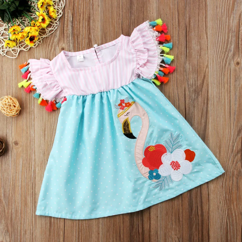 Г. Летнее платье для маленьких девочек с лебедем цветная кисточка, платье без рукавов повседневный праздничный пляжный сарафан Одежда для маленьких девочек