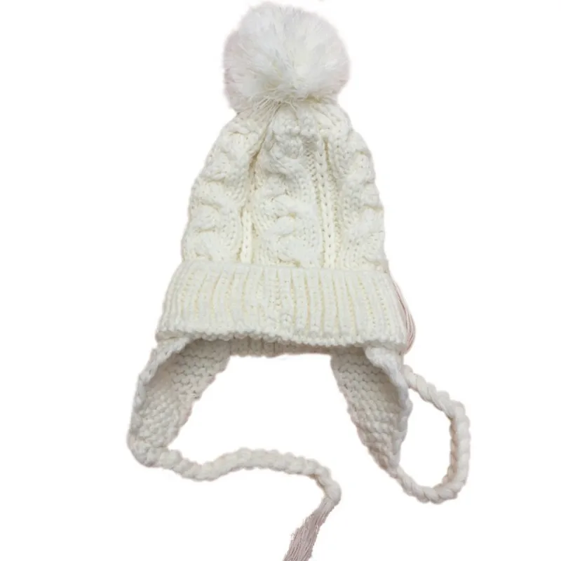 Зимняя детская шапка, Вязаная хлопковая шерстяная шапка для маленьких детей, детская шапочка с ушками, плотная мягкая теплая шапка, шерстяные шапки с украшением в виде шариков - Цвет: White