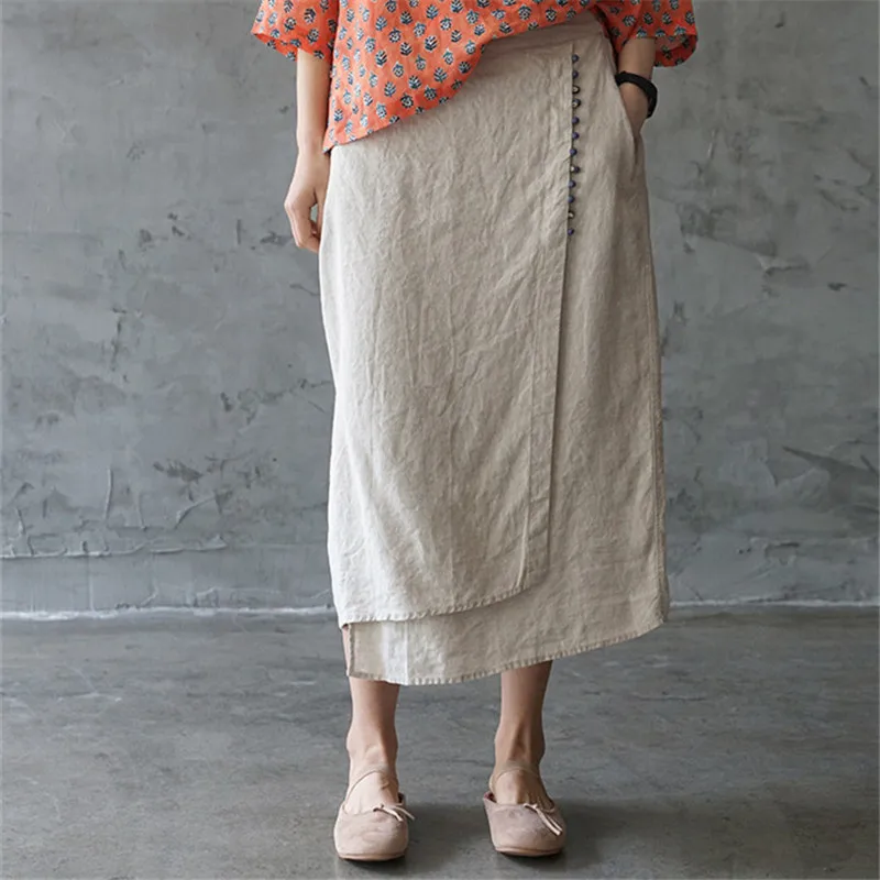 

Retro Fashion Thin 3 Color Skirts Vintage Button Summer New Pockets Linen Women Casual Linen Original Theatrical Irregular Skirt