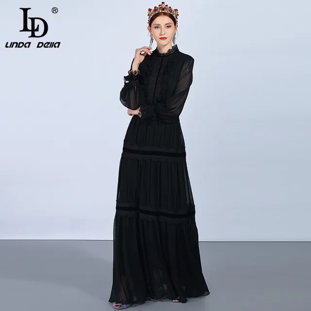 LD LINDA DELLA Fashion Runway Maxi Dresses Women's Long Sleeve Lace Patchwork Ruffles Vintage Black Dress Elegant Party Dress 2