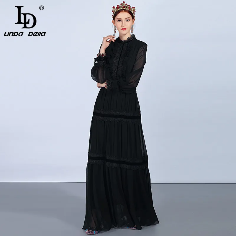 Big Discount expPN LD LINDA DELLA Fashion Runway Maxi Dresses Women's Long Sleeve Lace Patchwork Ruffles Vintage Black Dress Elegant Party Dress