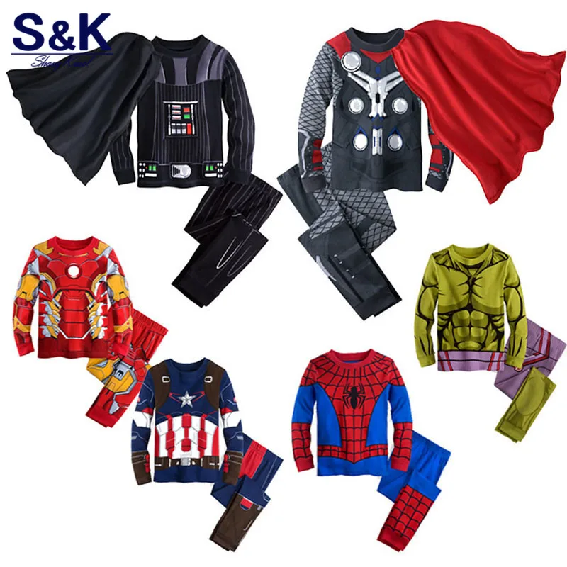 

Spring kids pajamas clothes for boys Hulk superhero Batman Iron Man costume Spiderman children sleeping wear clothing set XT-425