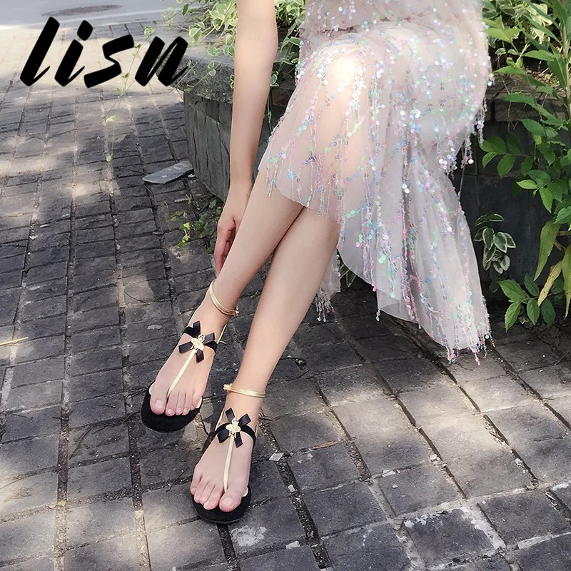 

LISN New Genuine Leather Bee Bow Tie Summer Sandals Open Toe Buckle Strap Flats Sandals Shoes Women