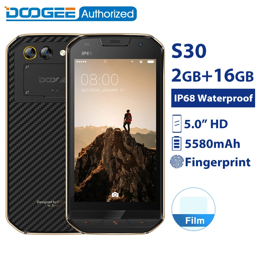 

DOOGEE S30 IP68 Waterproof Smartphone 5.0" HD 2GB 16GB MTK6737 quad core 5580mAh fingerprint ID mobile Android 7.0 rugged phone