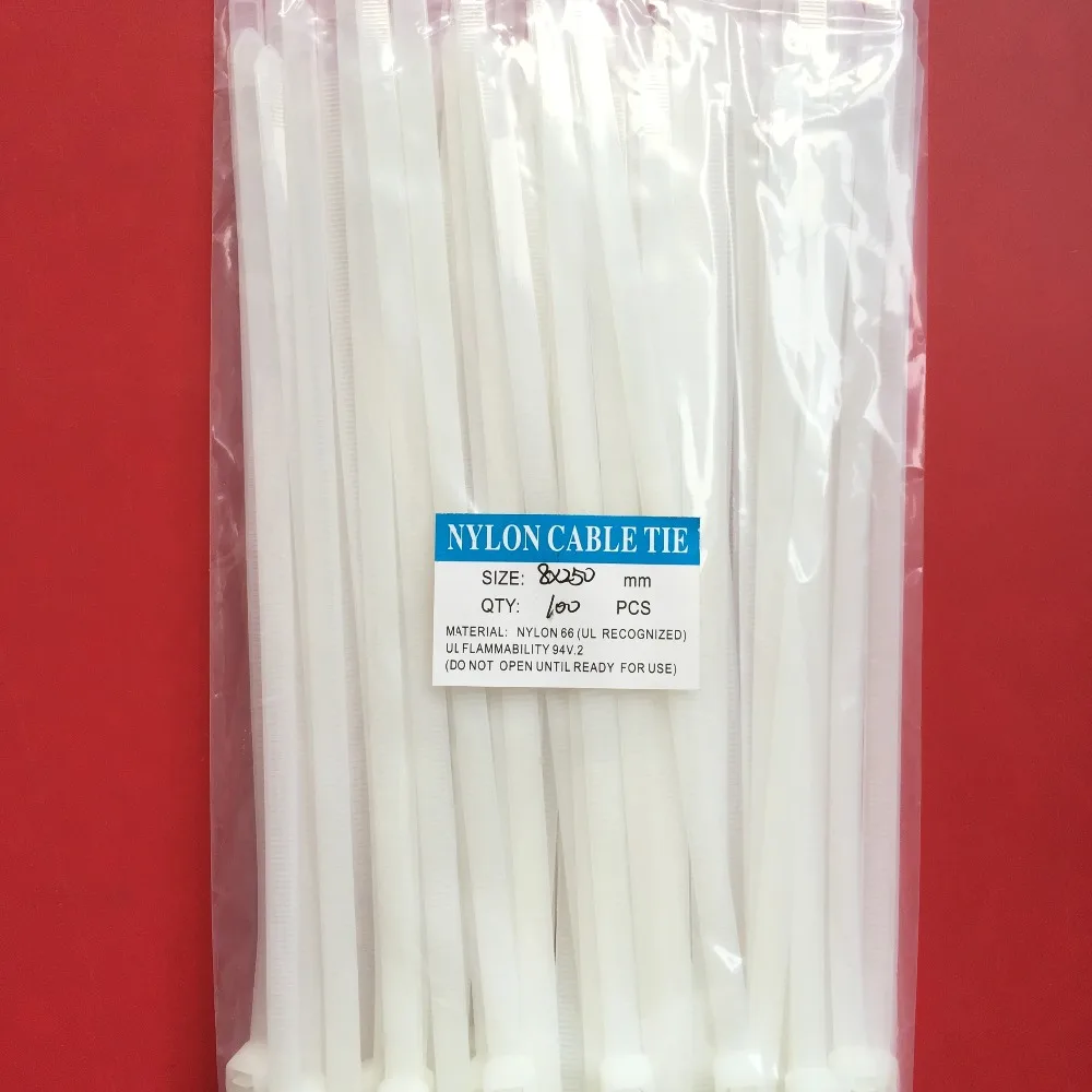 

100Pcs/pack 8*250mm High Quality width 7.6mm White Color (National Standard) Self-locking Plastic Nylon Cable Ties,Wire Zip Tie