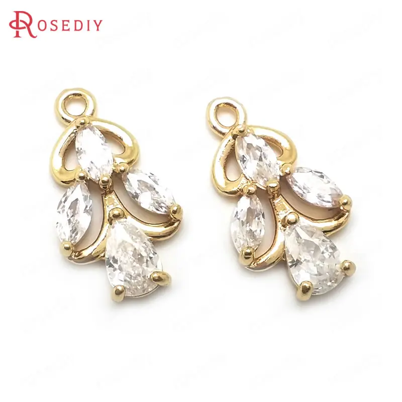 

(36441)6PCS 17x9MM 24K Champagne Gold Color Brass with Zircon Tree Shape Charms Pendants High Quality Diy Jewelry Accessories