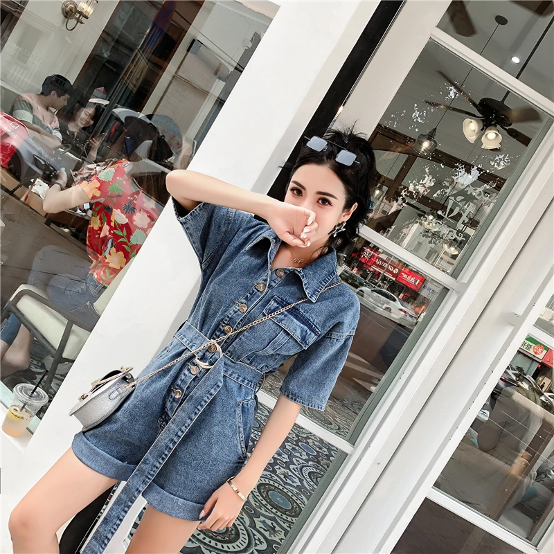 Женский джинсовый комбинезон с поясом модный Свободный в уличном стиле