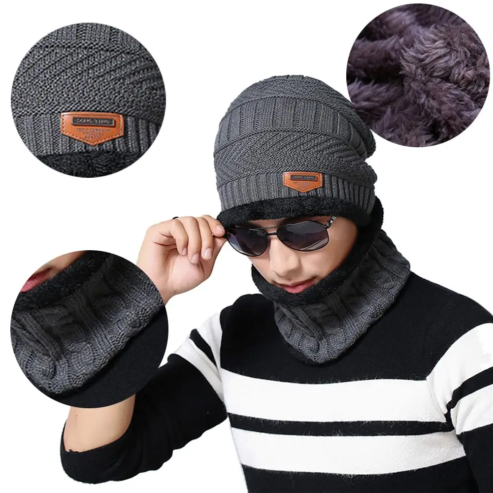 Флисовый теплый вязаный шарф Кепка для шеи теплые унисекс зимние ветрозащитные шляпы для мужчин шерсть теплая шапка s вязаная мода