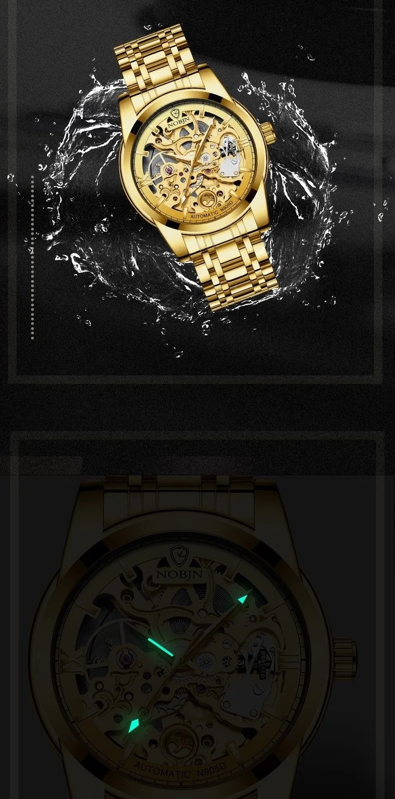 Watches Mens 2019 NOBJN N905D Mechanical Watch Hollow Skeleton Watch Waterproof Luminous Hands Automatic Watch Men Gold Hour (5)