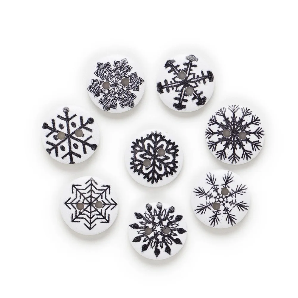 1000pcs 15mm White/Black Snowflake Wood Christmas Buttons For
