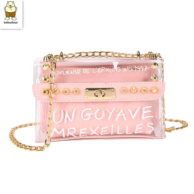 

Beibaobao Four Jell Colors Transparent Rivet Metal Chain Small Square Mother Bags Single Shoulder Slanting High-Grace Woman